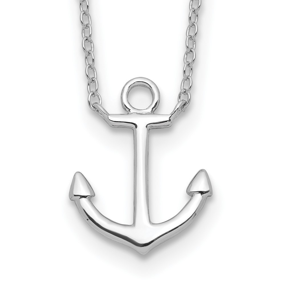 926 Sterling Silver Nautical Rhodium-plated Anchor 16" Necklace with 2in ext